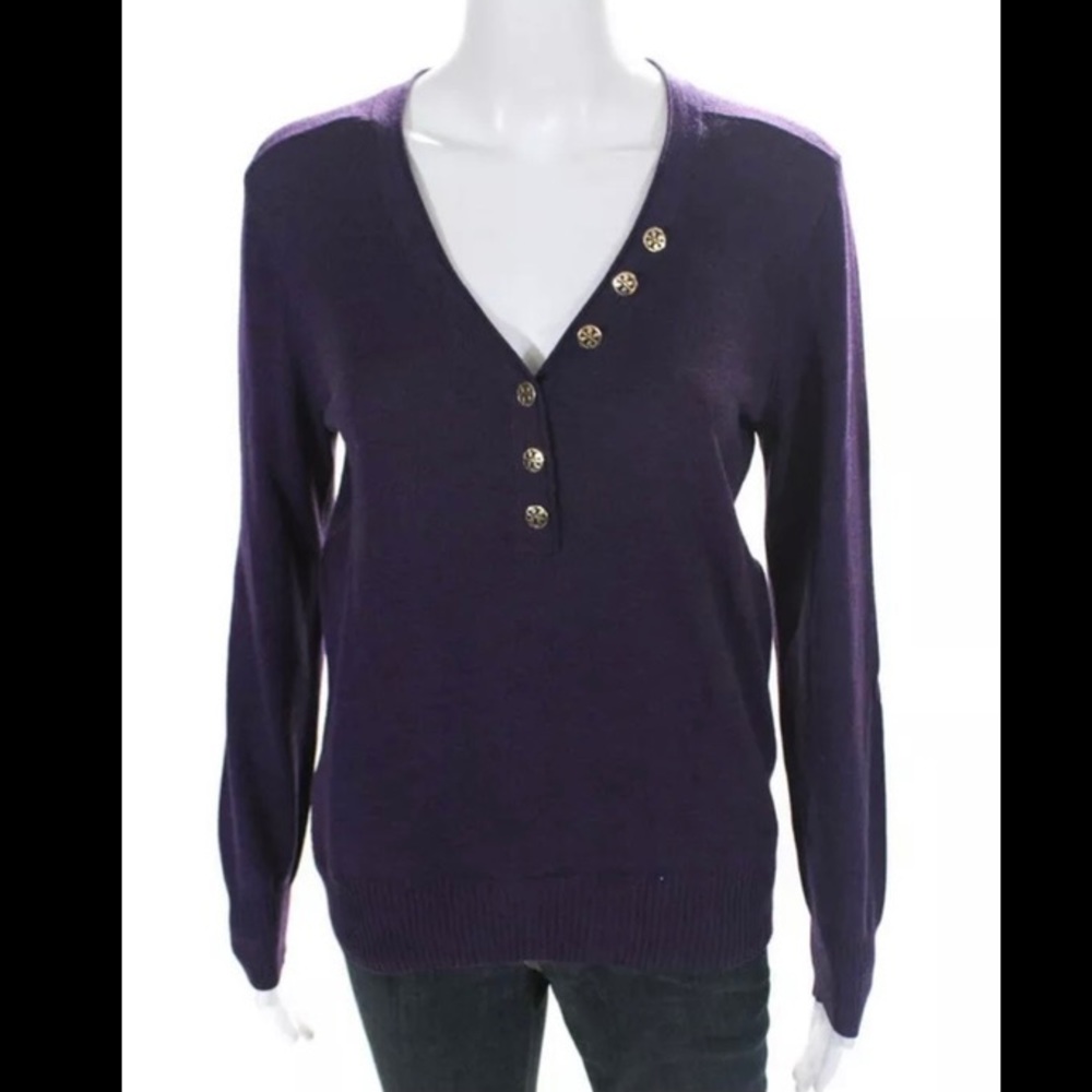 Tory Burch Womens Button Up Thin Knit V Neck Sweater Purple Size Medium